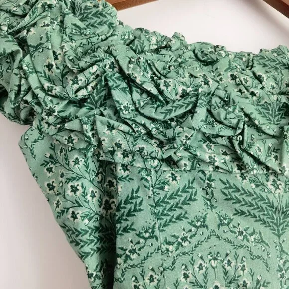 agua bendita jardin floral mini dress | off-shoulder, ruffled - green - Picture 8 of 12